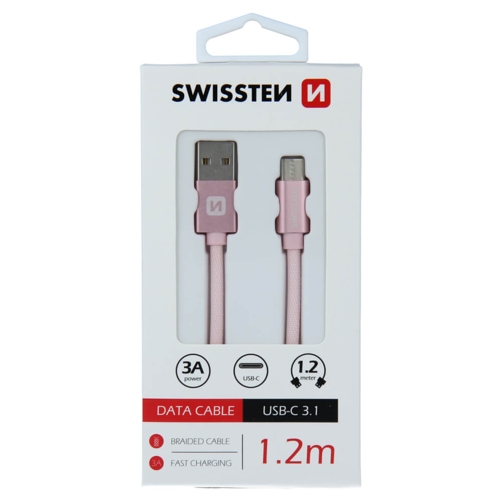 Textilný dátovy kábel Swissten USB / USB-C 1,2 M - ružovo-zlatý
